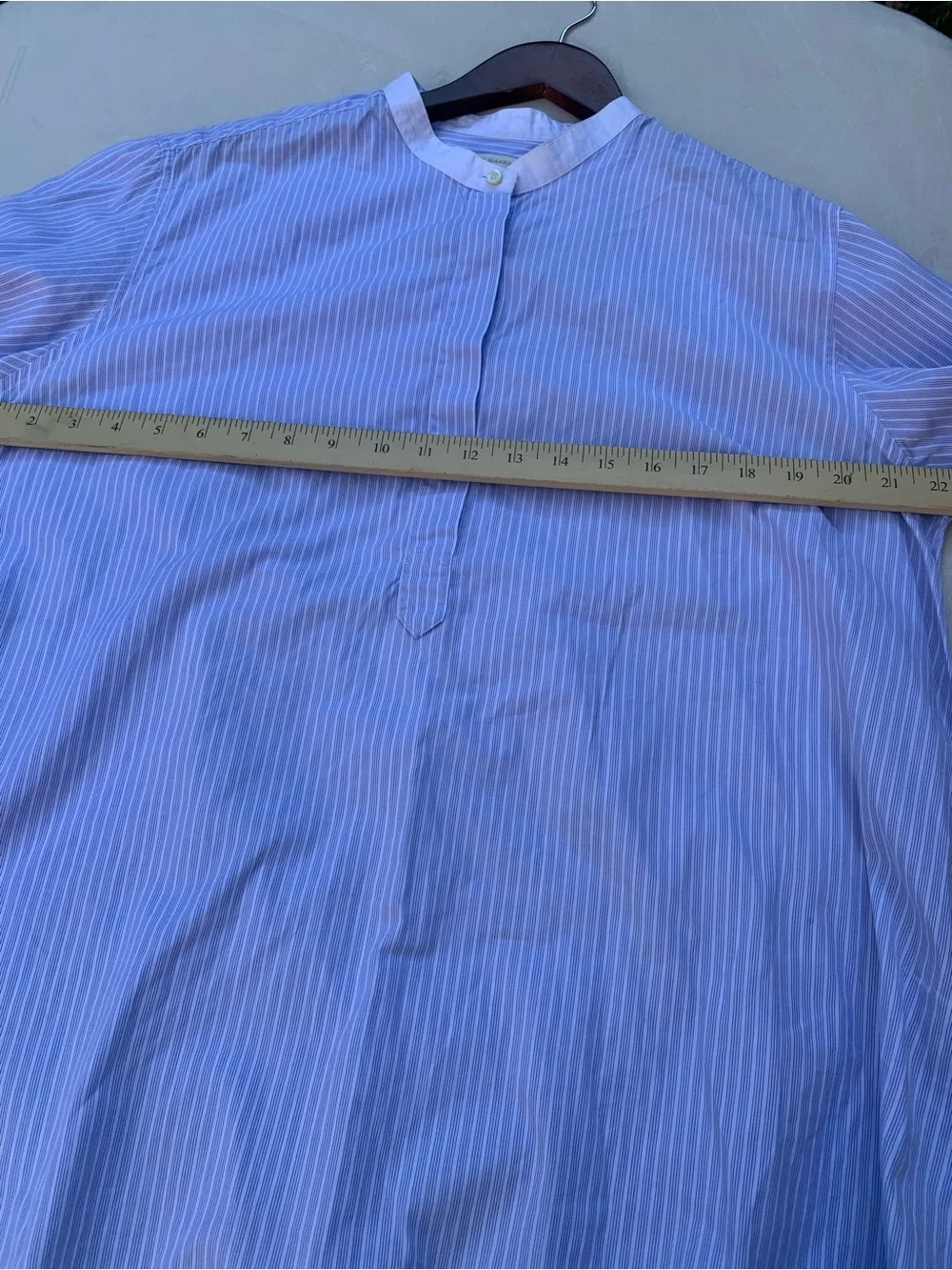 ANN MASHBURN Light Blue Pinstripe Grandad-Collar Shirt with White Accents